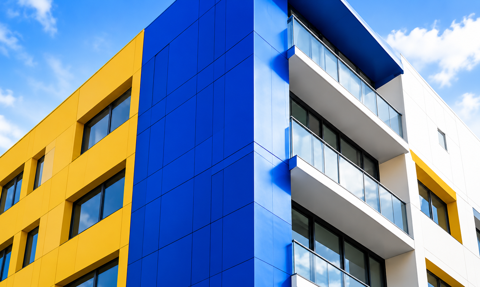 Edificio moderno con fachada azul, amarilla y blanca